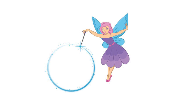 Flying fairy girl vector granting a wish while wearing a purple dress, pink hair and blue wings with sparkling wand with room for text