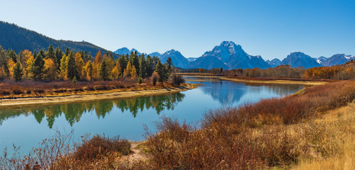 Panorama of the Snake river with Grand Teton mountains