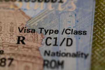 C1/D US visa on passport, fragment of Stamp C1/A USA Seafarer`s Visa