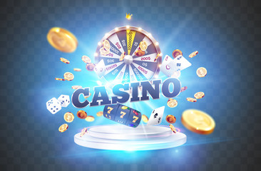 The word Casino, surrounded by a luminous frame and attributes of gambling, on a explosion background. - 303397002