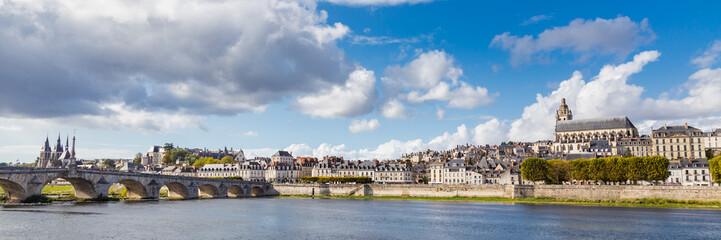 Cityscape Blois with the Cathedral of St. Lois and ancient stone bridge over Loire river,...