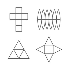 Set of 3D fugure shapes on a plane. Line drawing planar projections of a cube, sphere, prism and pyramid. Unwrapping contours of 3D objects. Adjustable stroke width.