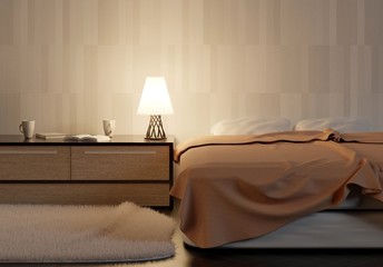 Interior of a bedroom with white wall and table with lamp. Bed with two pillows. 3D rendering.