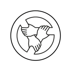 Three hands together support each other outline style logo. Teamwork, union or cooperation concept sign. 3 people hands holding one by one in a circle. Support symbol. Adjustable stroke width. - 303398664