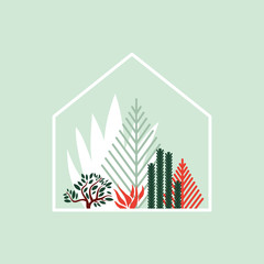 Obraz premium Greenhouse with cacti, succulents and palm trees. Tropical house for plants. Vector illustration.