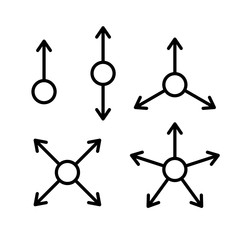 Set of multi-directional arrows. One, two, three, four and five directions from a round center point. Thin line style arrow icons set. Adjustable stroke width.