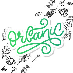 Organic slogan brush lettering. Hand drawn word organic with green leaves. Label, logo template for organic products, healthy food markets.
