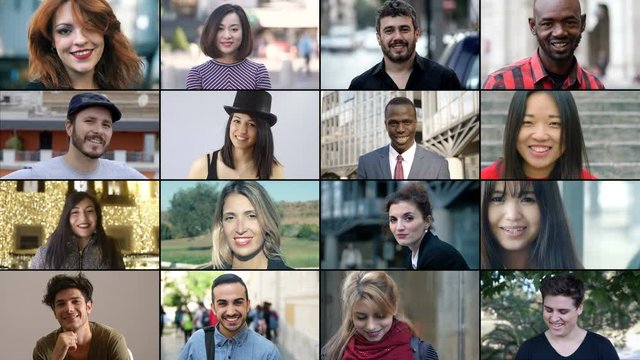 Multiscreen on young people smiling at camera.Multiethnic young people