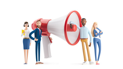 Concept of creative team. 3d illustration.  Hiring and recruitment concept with characters. Group of people shouting on megaphone - obrazy, fototapety, plakaty