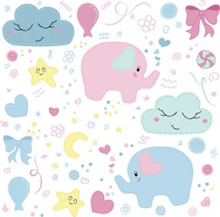 vector set, cute children's embroidered with decorative stitching elephants, bows, balls, stars