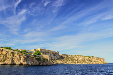 Tremiti Islands' archipelago,Italian Pearls of the Adriatic Sea (Apulia) ITALY. A view of San Nicola island from sea with the Abbey of Santa Maria a Mare ("Holy Mary on the Sea") fortified complex.