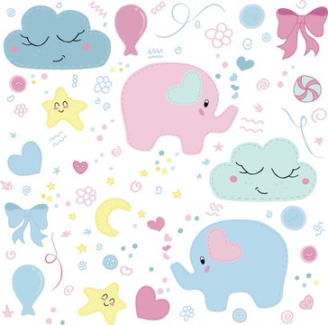 vector set, cute children's embroidered with decorative stitching elephants, bows, balls, stars