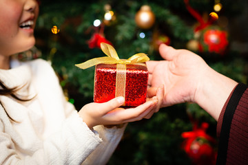 クリスマスプレゼントを手渡す老人と孫の手
