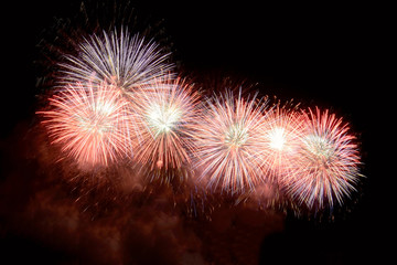 White and red fireworks display on dark sky background