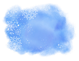 Abstract winter landscape on blue watercolor splash with snowflakes on white background and copy space...