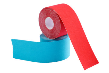 Stack of two rolls kinesiology tape for athletes isolated on white background.