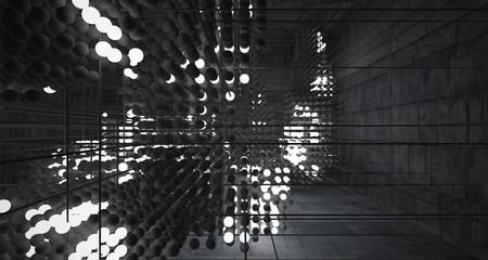 Abstract architectural concrete interior from an array of spheres with neon lighting. 3D illustration and rendering.