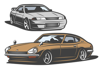 Vintage japan drift car in color. Vector illustration can be used for posters and printed products. - obrazy, fototapety, plakaty