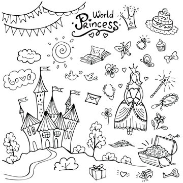 Set of doodle princess and fantasy icon and design element isolated on white. Vector illustration. Perfect for invitation, greeting card, coloring book, textile print.
