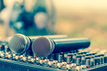 Obraz premium Microphone on sound mixer close up