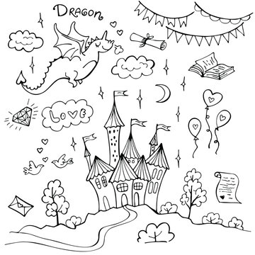Hand drawn doodle dragon and fairytale set isolated on white. Vector illustration. Perfect for invitation, greeting card, coloring book, textile print.