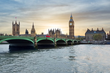 Houses of Parliament, Big Ben and Westminster bridge at sunset, London, United Kingdom