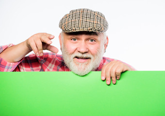 Advertisement shop. Senior bearded man place announcement on banner. job search. help. smiling...