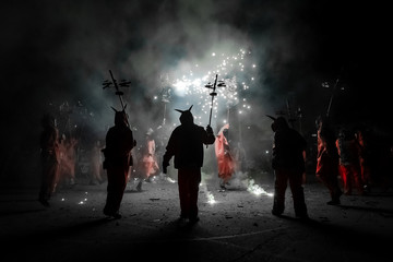 Fireworks called correfocs, a tradictional performance of Catalonian culture
