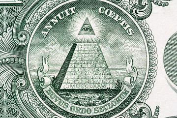 Fototapeta na wymiar Pyramid macro close-up on a banknote of 1 US dollars. Detail of one dollar bill. Big large size.