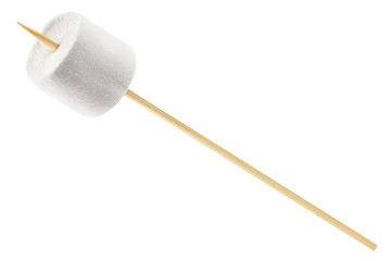 marshmallow on wooden stick isolated on white background, clipping path, full depth of field