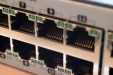 Computer data network switch ports close up 