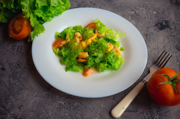 Salad with tomato, shrimp in a white plate on a black background. Vegetarian dinner. Diet with vegetables