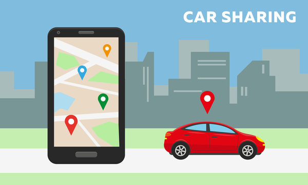 Car sharing concept. Red car in the city and big smartphone with carsharing app on the screen. Vector illustration.