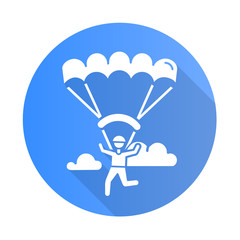 Paragliding blue flat design long shadow glyph icon. Parachuting , paratrooping activity. Skydiving, hang gliding recreation. Flights in sky and jumps with parachute. Vector silhouette illustration