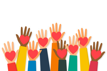 Charity, volunteering and donating concept. Raised up human hands with red hearts. Children's hands are holding heart symbols - obrazy, fototapety, plakaty