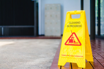 Sign showing warning of Cleaning in progress floor in swimming pool.Cleaning in Progress sign.