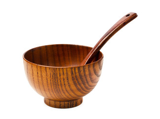 Wooden spoon and bowl isolated