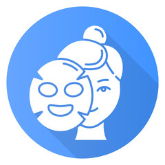 Obraz premium Applying sheet mask blue flat design long shadow glyph icon. Skin care procedure. Hydrogen mask. Facial beauty treatment. Face cotton product for moisturizing effect. Vector silhouette illustration