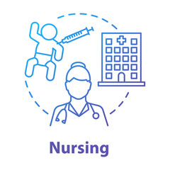Nursing blue gradient concept icon. Doctor idea thin line illustration. Nurse, pediatrician. Baby, hospital, vaccination. Child medical care, healthcare. Vector isolated outline drawing