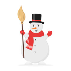 Snowman in hat and red scarf with broom. Vector illustration in flat style, isolated on white background for New year and Christmas design or greeting card 