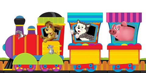 cartoon steam train on tracks with farm animals on white background space for text - illustration for children
