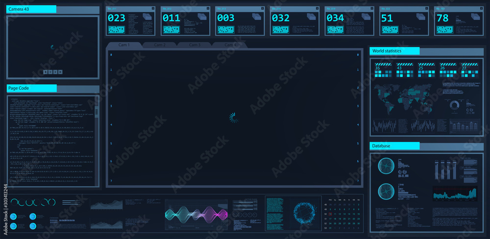 Poster High-tech dashboard in HUD style. Futuristic User Interface screen template. Mockup virtual graphic touch, UI, GUI, HUD. Futuristic interface for presentation, with place for your product. Vector 