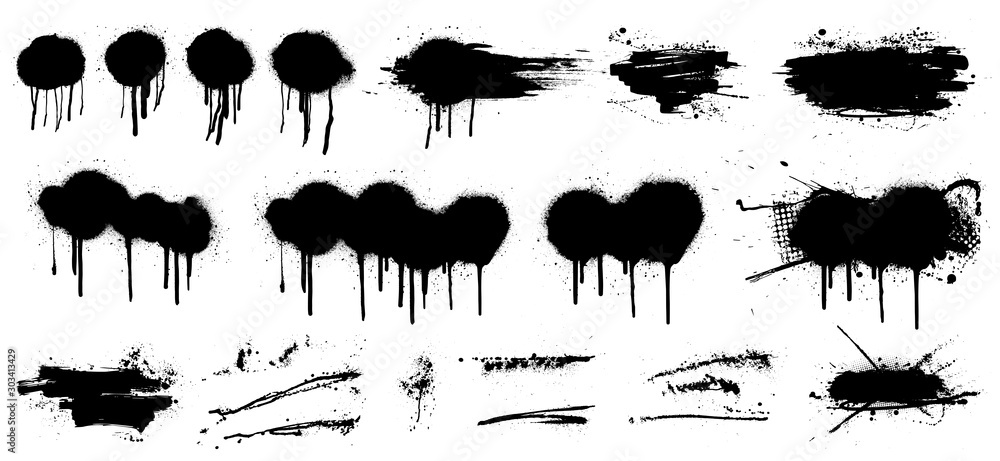 Poster stencil graffiti spray template. high quality tracing. vector collection. black splashes isolated on