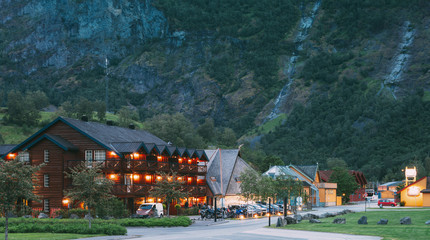Flam, Norway. Wooden Hotel In Norwegian Countryside In Summer Night