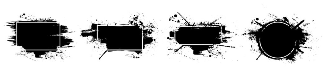 Fototapeta Black grunge with frame. Dirty artistic design elements, boxes, frames for text. Black splashes isolated on white background. Set of black paint, ink brush strokes, brushes, lines. Vector set obraz