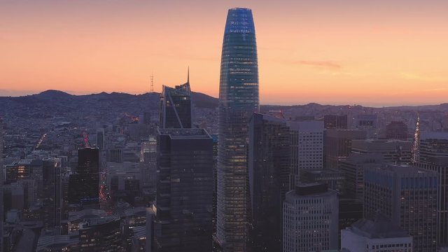 Aerial Drone Of The San Francisco City Skyline along the embarcadero at sunset.  In the background is the Salesforce tower.. 27 February 2019. San Francisco, USA