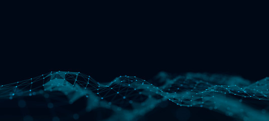 Abstract digital background. Space filled with polygons and dots. 3D wave.