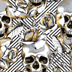 Naadloze patroon met afbeelding gouden schedel en roze bloemen op een geometrische achtergrond. Vector illustratie.