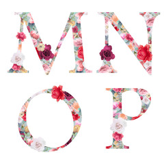 M, N, O, P floral letters, flower aplhabet with roses isolated on white background
