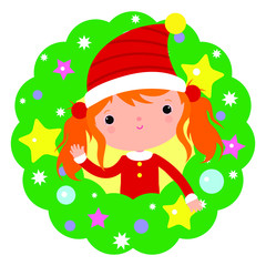 Red-haired elf girl. Santa's helper. Christmas little elf. Happy new year card.